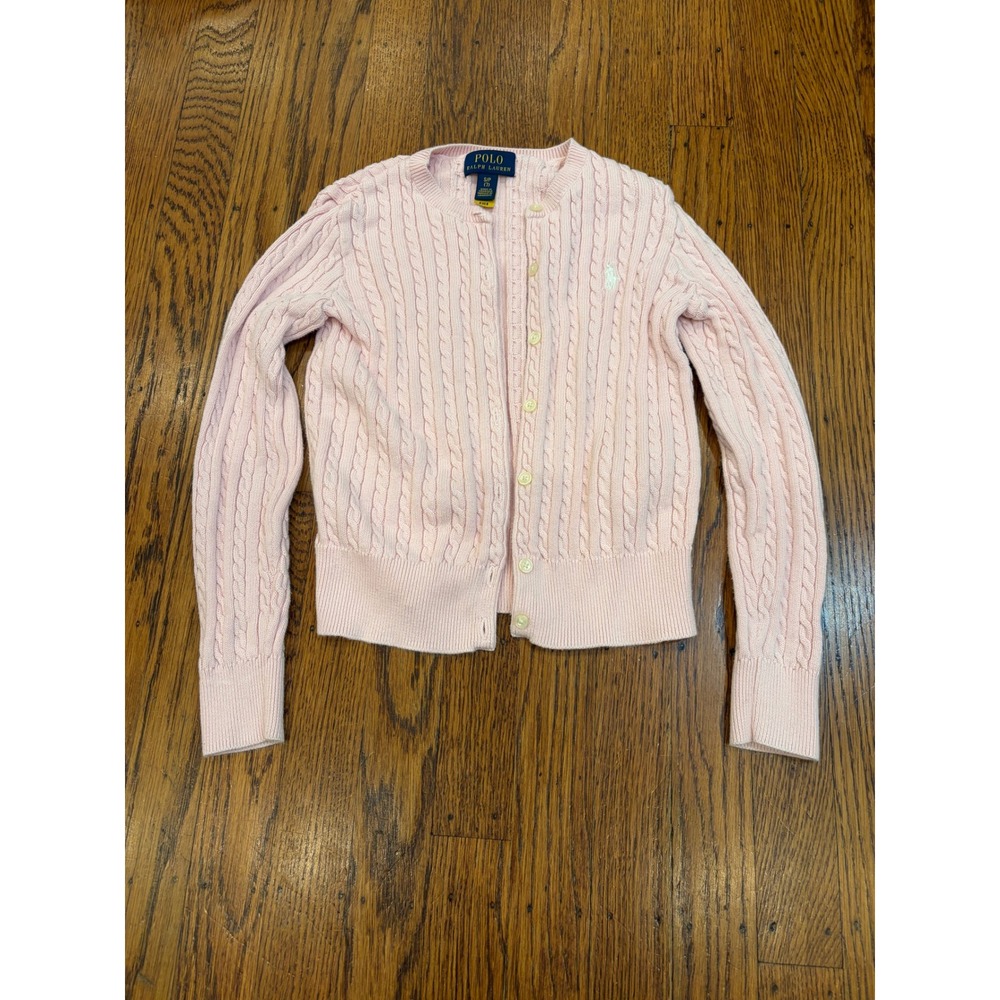 Polo Ralph Lauren Girls Pink Cable Knit Cardigan Sweater Size S 7 Cotton Pony